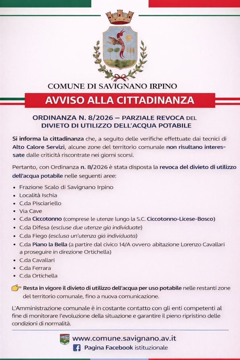 ORDINANZA N. 8/2026 – PARZIALE REVOCA DEL DIVIETO DI UTILIZZO DELL’ACQUA POTABILE